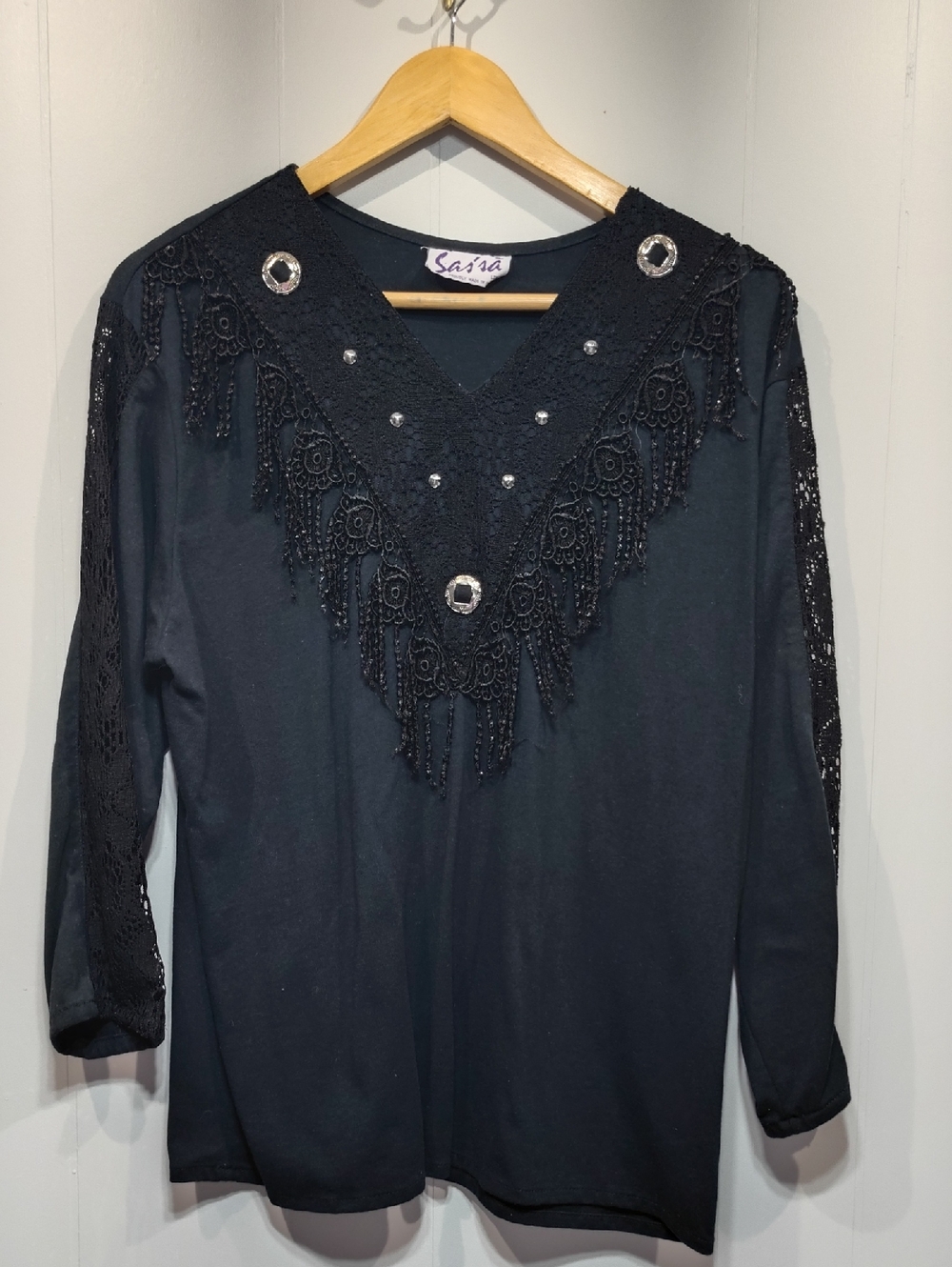 Sas'sa Western Blouse in‎ Black with Silver Hardware Fringe Embellished Festival